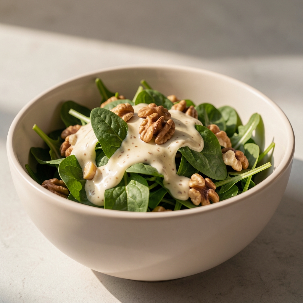 Rucola-Salat mit Walnüssen und Leinöl-Dressing in einer hellen Schüssel, Tageslicht von der Seite
