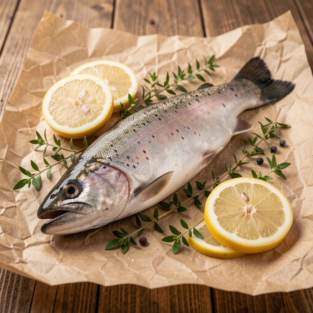 Lachs auf Pergament mit Zitronenscheiben und frischen Kräutern, naturalistisch arrangiert auf weißer Fläche