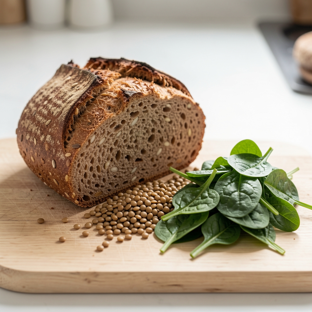 Vollkornbrot, Linsen und frischer Spinat auf hellem Schneidebrett, Tageslicht von oben