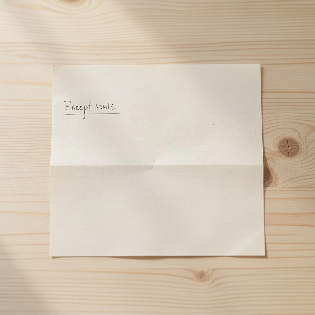 Notizbuch und Rezeptkarte auf Holzuntergrund, reduzierte Küchenkomposition